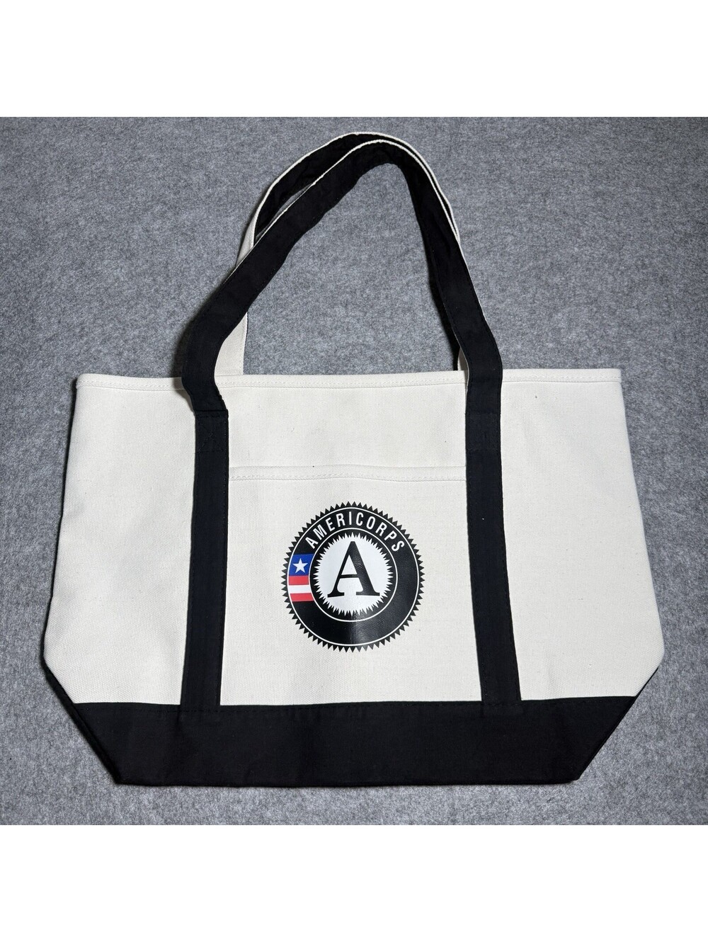 AmeriCorps Canvas Boat Tote Bag Unisex Large Shoulder Handbag Cream Black Work